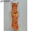 BITCED Spring Women's Fashion: Sensual Printed Strappy Waist-cinching Bodycon Maxi Halter Neck Dress