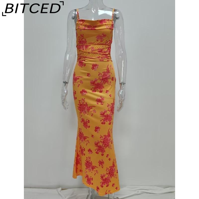 BITCED Spring Women's Fashion: Sensual Printed Strappy Waist-cinching Bodycon Maxi Halter Neck Dress
