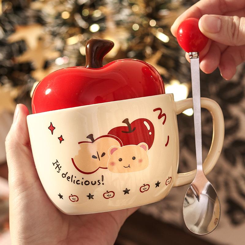 High-value apple mug, cute bear ceramic water cup with lid, birthday gift for girls, girlfriend's souvenir
