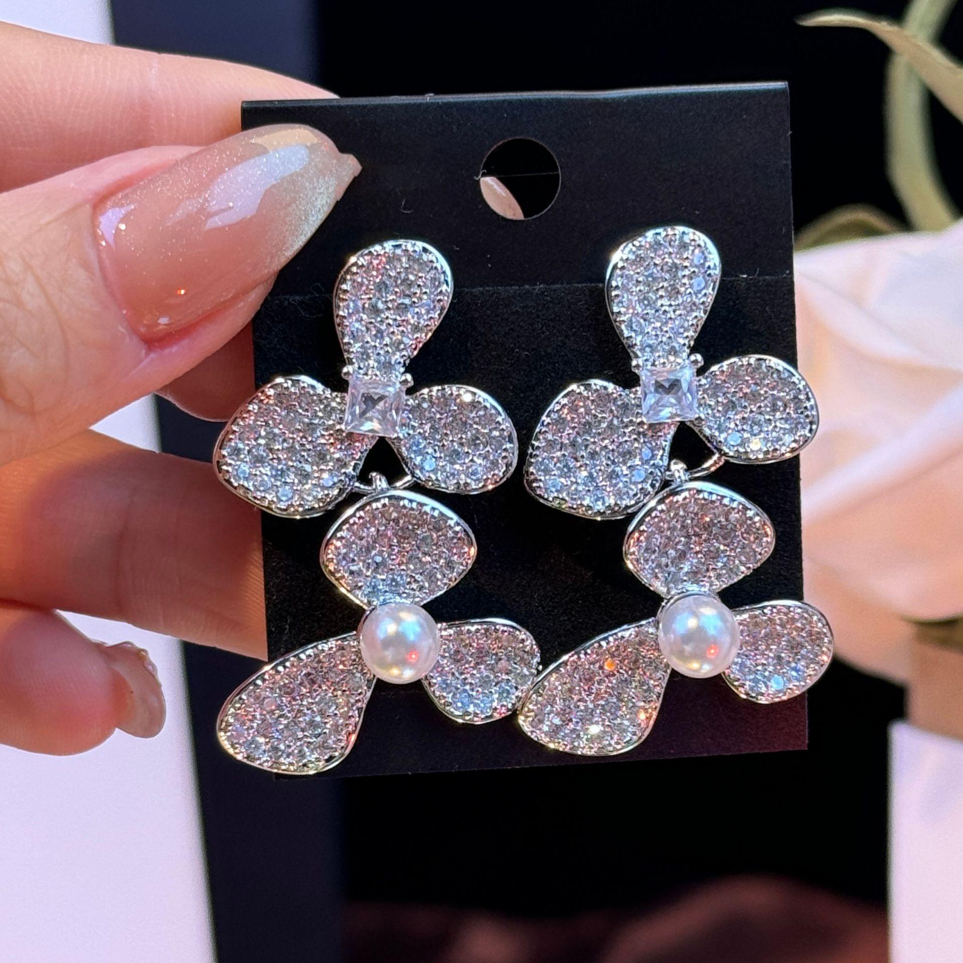 

Silver needle super flash zircon flower pearl fringed stud earrings fashion high sense earrings niche versatile simple earrings women