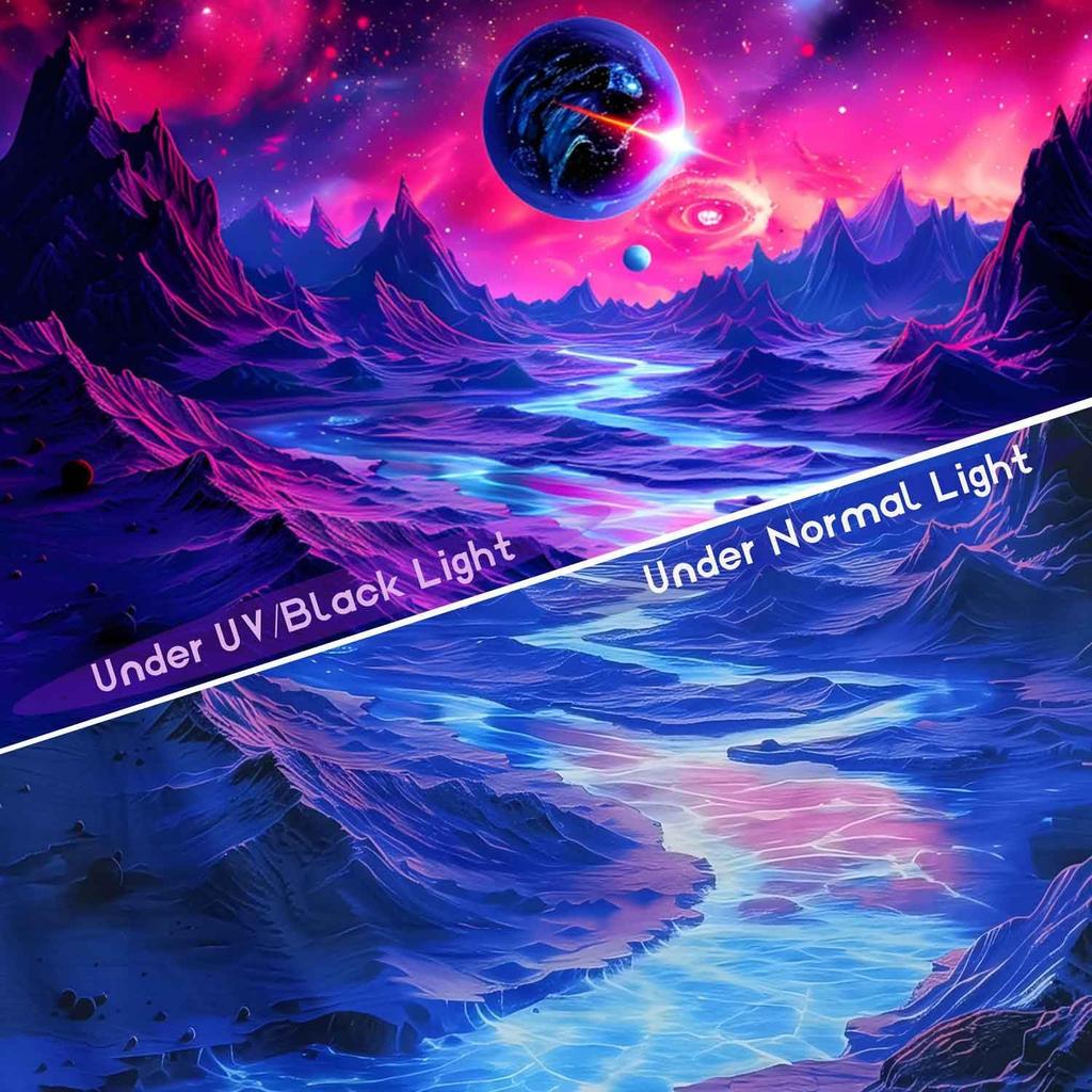TUGCAY Blacklight Planet and Mountain River Tapestry Galaxy Space Tapestries UV Reactive Fantasy Nature Landscape Tapestry Wall Hanging for Room Home