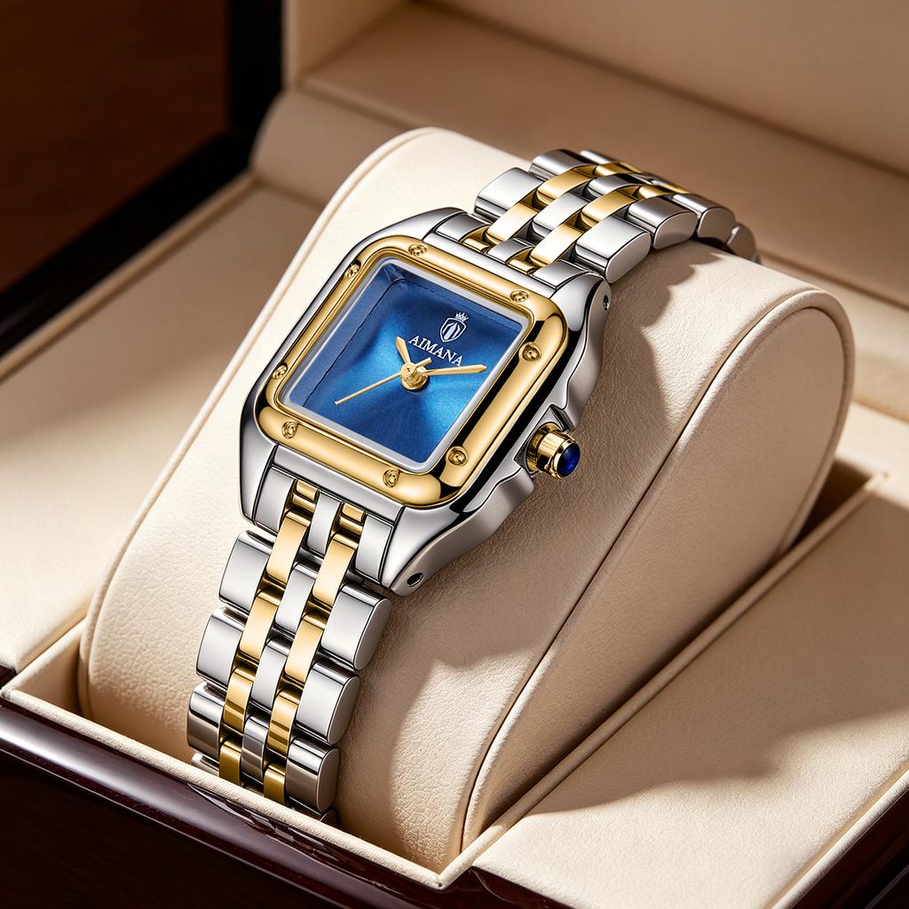 AIMANA Elegant Ladies Two-Tone Watch White Square Roman Dial Waterproof Quartz Stainless Steel Strap Dress Wristwatch Gift for W