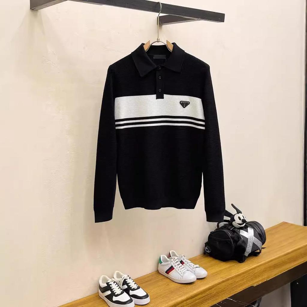 European Men's Luxury Knit Polo with Stripe Patchwork and Triangle Logo