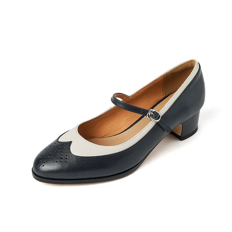 

Fashion NEW Spring/Autumn Women Pumps Round Toe Chunky Heel Shoes Genuine Leather Shoes for Women Mixed Colors Buckle Strap Mary Janes 34 темно-синий
