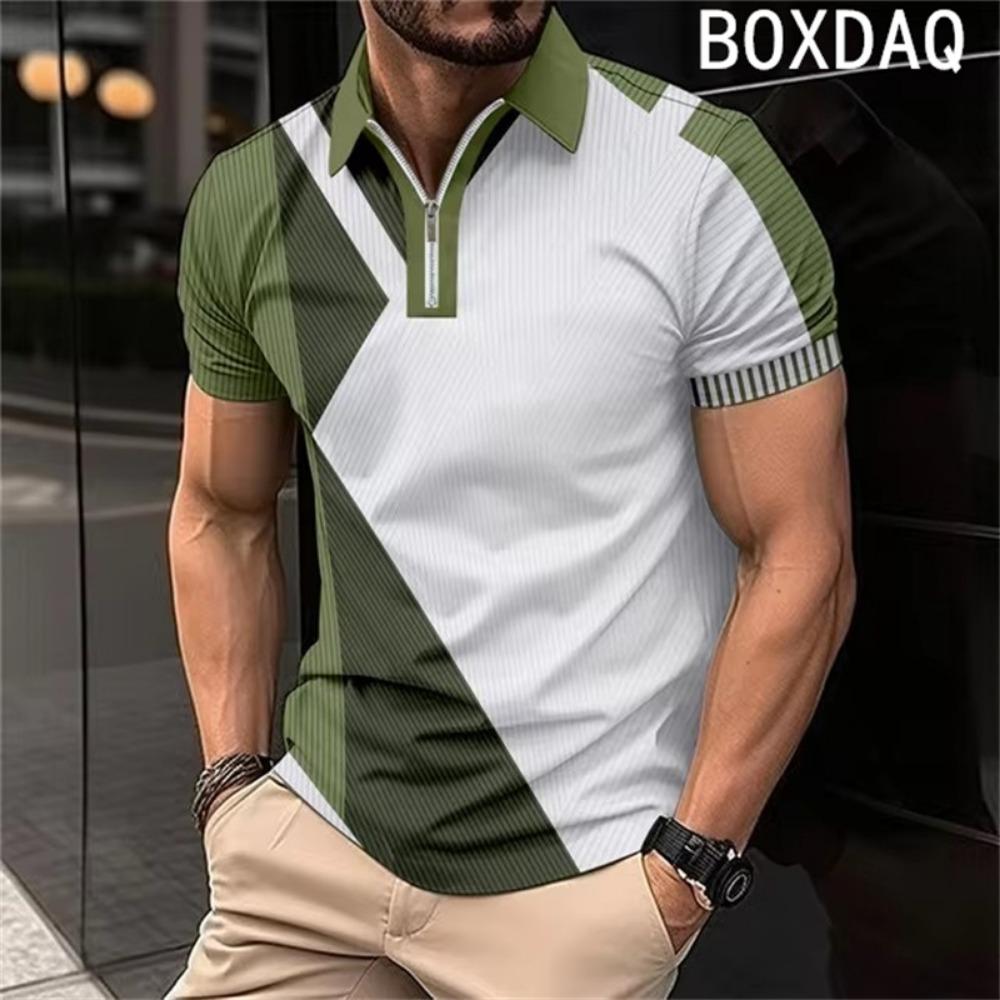 Men's Short Sleeved Shirt, Fashionable Geometric Pattern Patchwork Shirt, Men's Summer Sports Polo