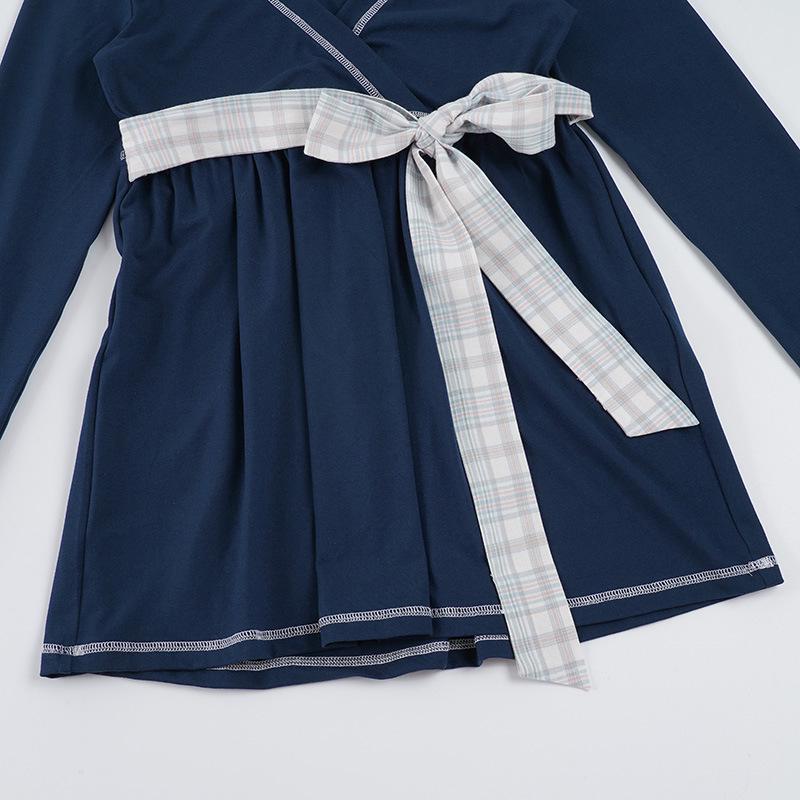 Plaid Bow Tie Lace-up Waist-cinch Babydoll Top - European/American Sweet Style Long-sleeve T-Shirt