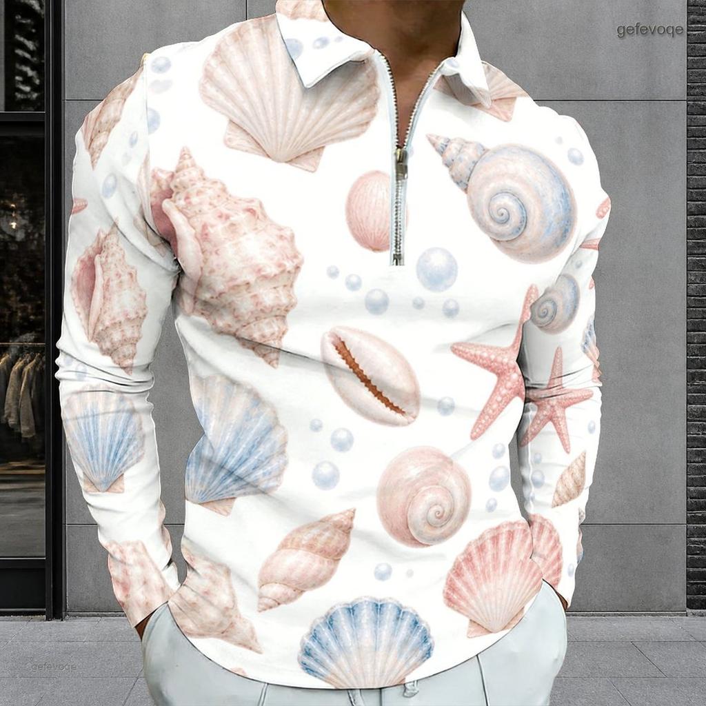 Men s Plus Size Long Sleeve Quarter Zip Collared Seashell Printed White Polo Shirt