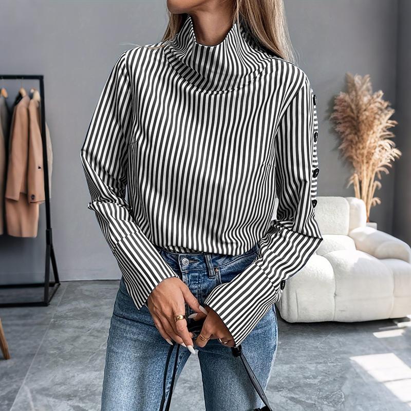 ZANZEA Women Casual High Neck Loose Long Sleeve Stripe Blouse