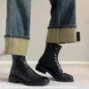 Washed Cowhide~English Pleated Chelsea Boots with Square Toe, Mid Heel, Slim Boots, Thick Heel, Short Boots, Women's Spring and Autumn Single Boots
