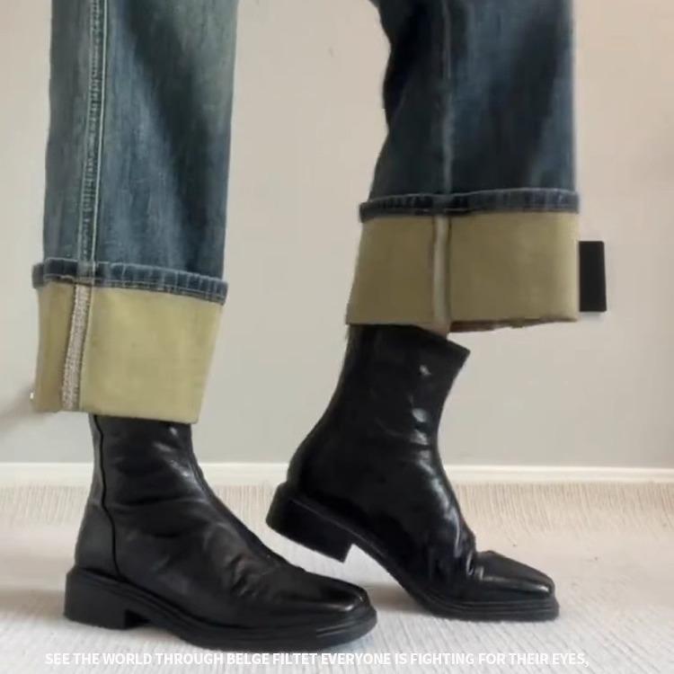 Washed Cowhide~English Pleated Chelsea Boots with Square Toe, Mid Heel, Slim Boots, Thick Heel, Short Boots, Women's Spring and Autumn Single Boots