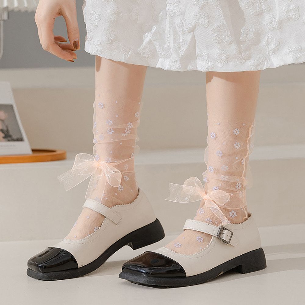

Japanese Lolita Mesh JK Star Flower Silk Hosiery Medium Tube Socks Women Socks Bow white-flower