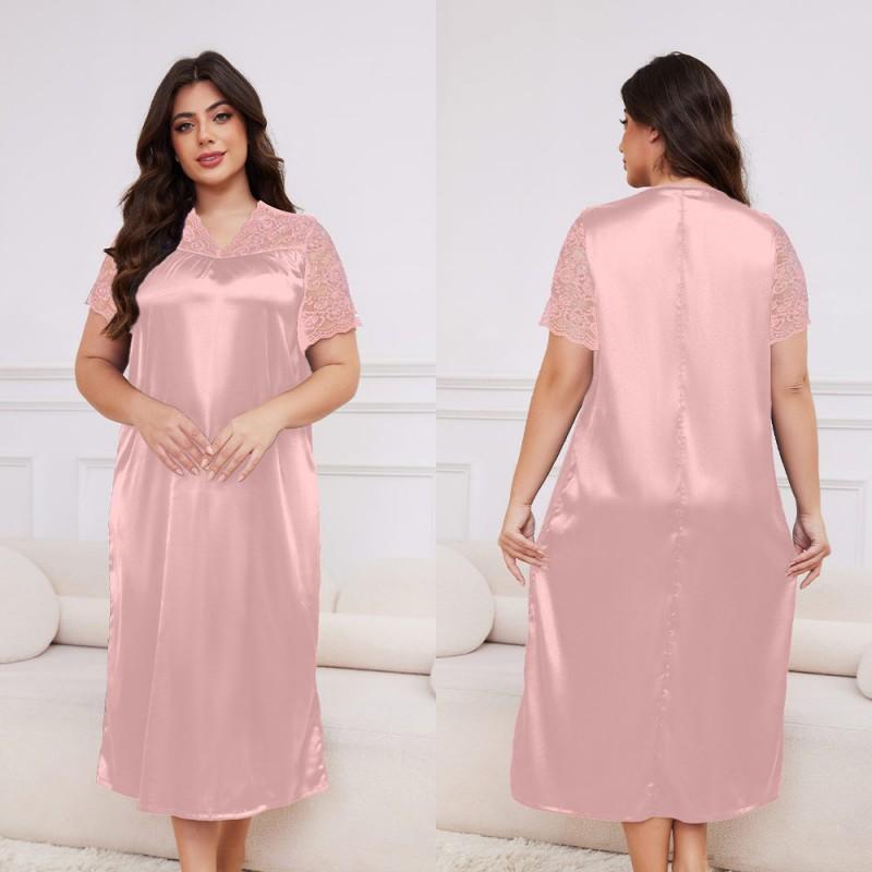 Plus Size Womens Lightweight Satin Sleep Dress With V-Neck Short Sleeve Loose Nightgown Home Wear