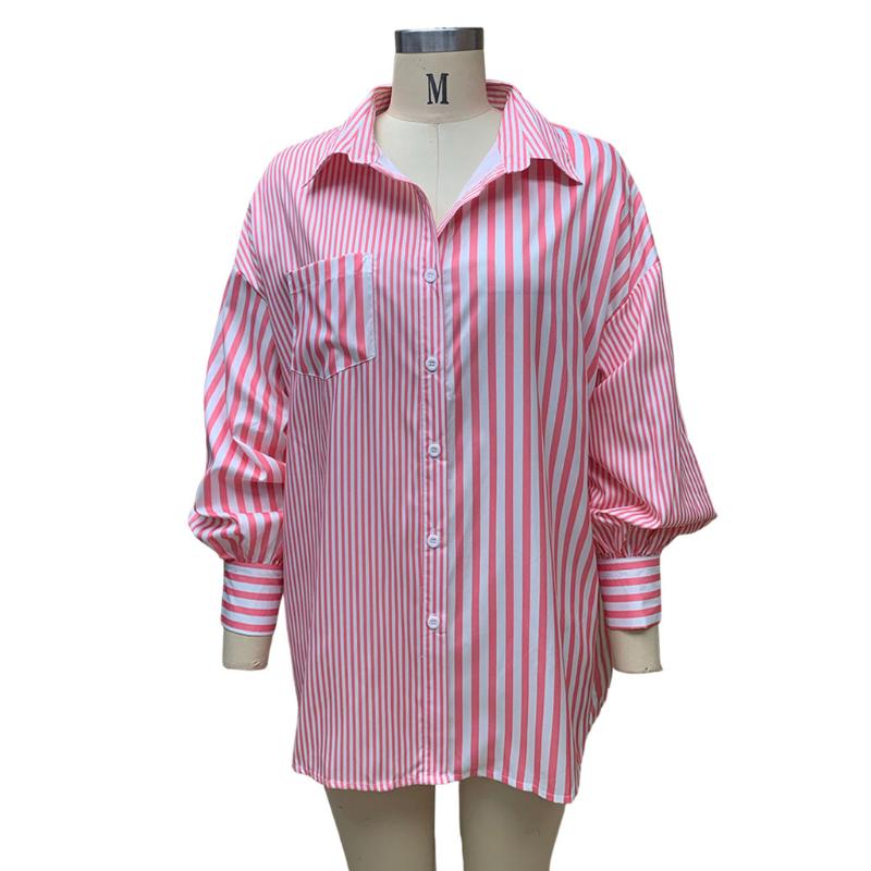 Damenmode, lässig, Sommer, Frühling, Streifendruck, langärmelig, Polo-Ausschnitt, Blusen und Hemden