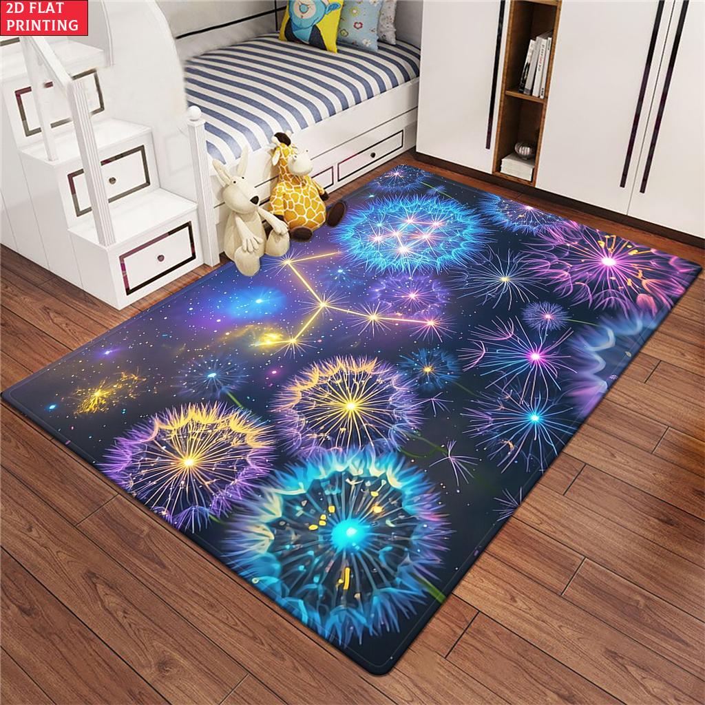 Glowing Dandelion Galaxy Area Rug, Neon Constellation Carpet for Living Room, Non-slip Starry Sky Floor Mat for Bedroom Decor