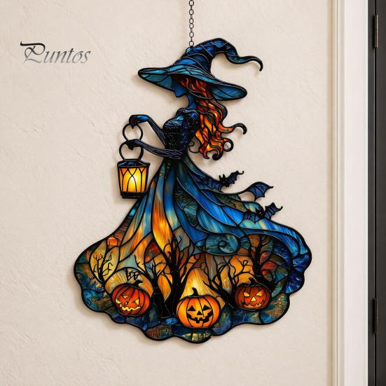 Decorative Chain Hanging Witch Acrylic Suncatcher, Stained Glass Effect Window Car Ornament, Gothic Scary Art with Pumpkin Lantern Sun Catcher