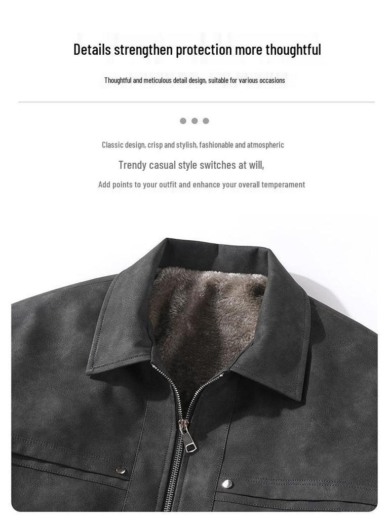 Men's Fleece-Lined Leather Jacket: Warm, Windproof, Versatile Winter Coat with Turn-Down Collar
