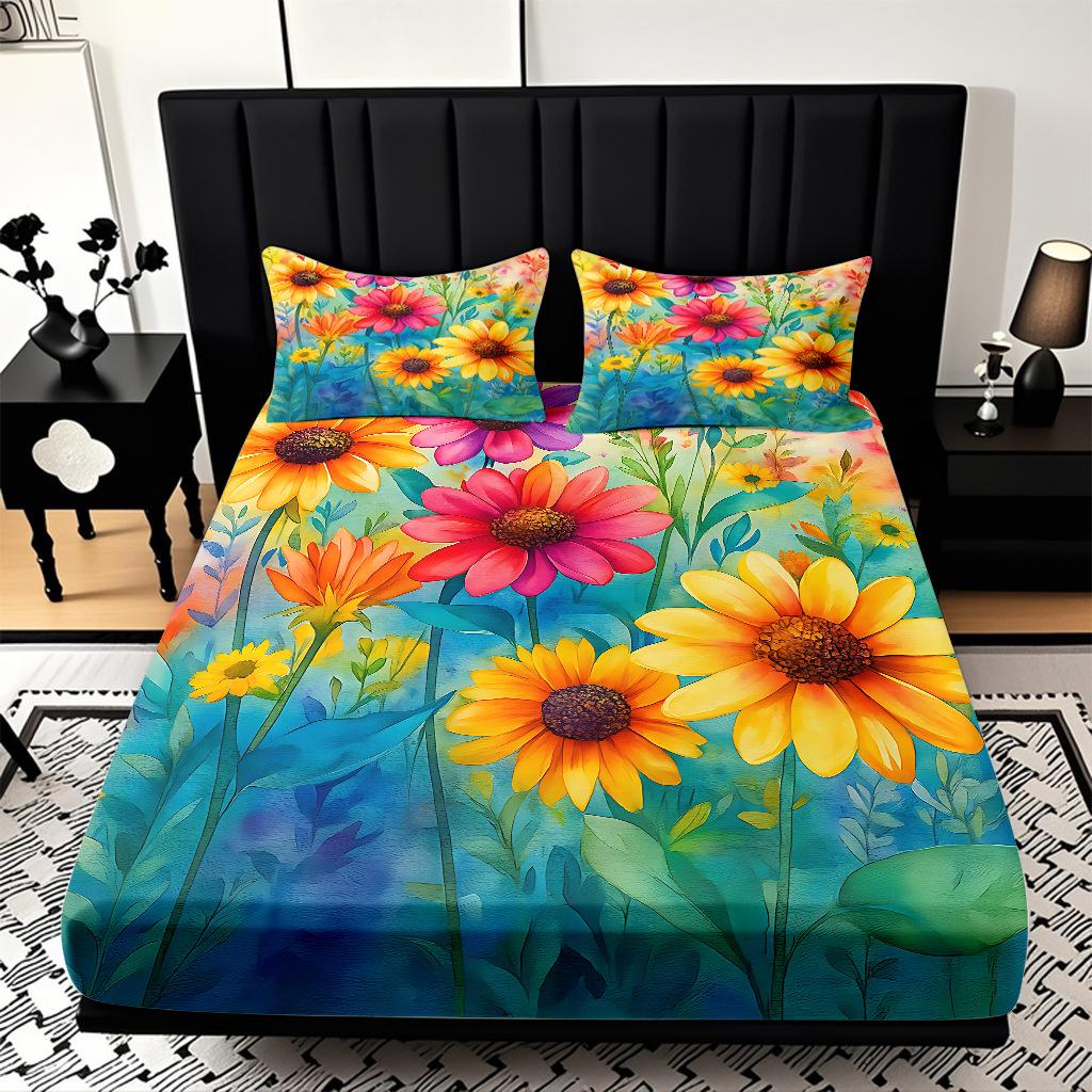 Home Textiles Sunflower Pattern 3D Digital Printing Sanded Sheet Three-Piece Set, Pattern
