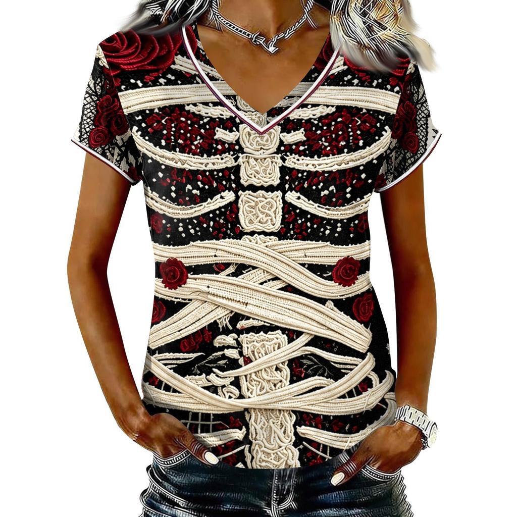 Damen Freizeit V-Ausschnitt Kurzarm T-Shirt Halloween Print Pullover Top