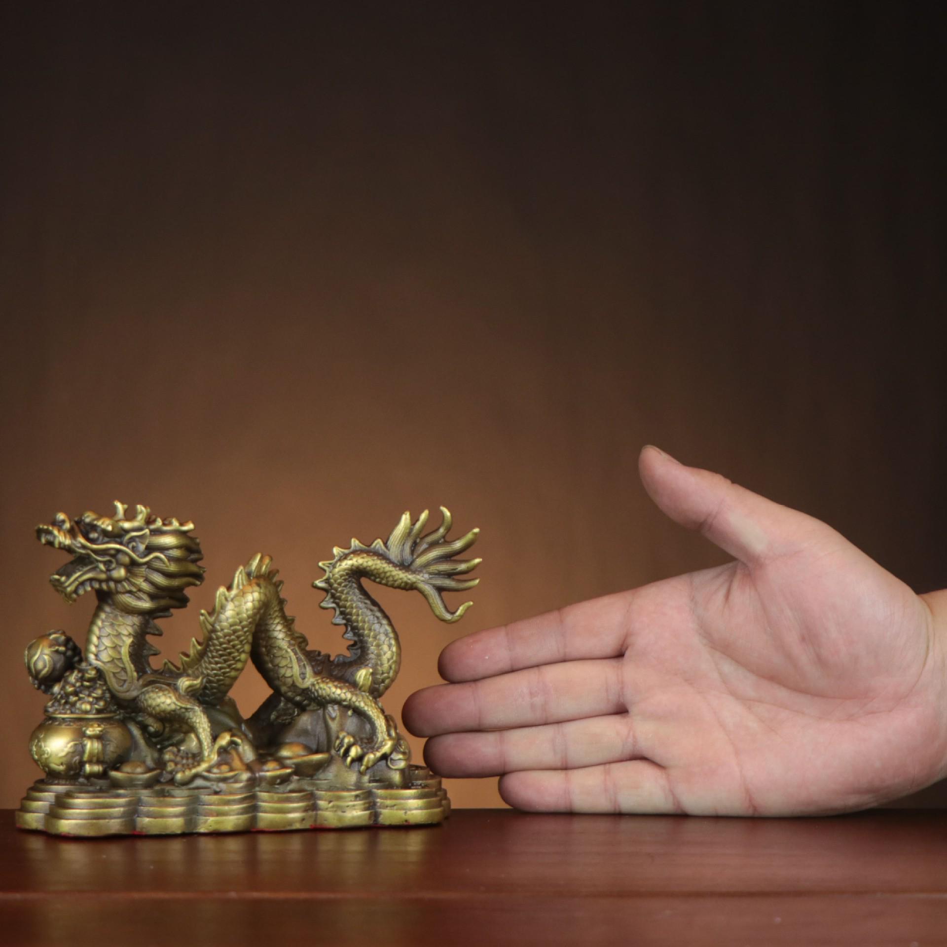 Auspicious Brass Dragon Treasure Basin Ornament, Zodiac Dragon Home Decor.