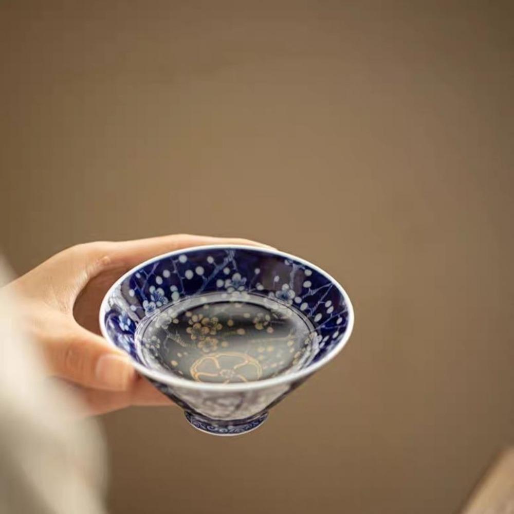 Starožitný modrobílý kuželovitý šálek na čaj - Mistrovský šálek z porcelánu Jingdezhen, Ručně vyráběná čajová miska v čínském stylu, Keramická sada pro Gongfu čaj