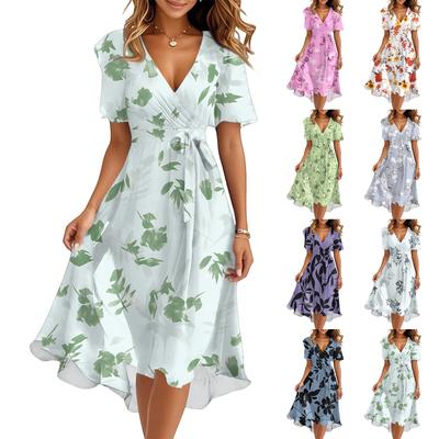 Damen Sommer Mode V-Ausschnitt Glockenkleid Kurzarm Blumenkleider