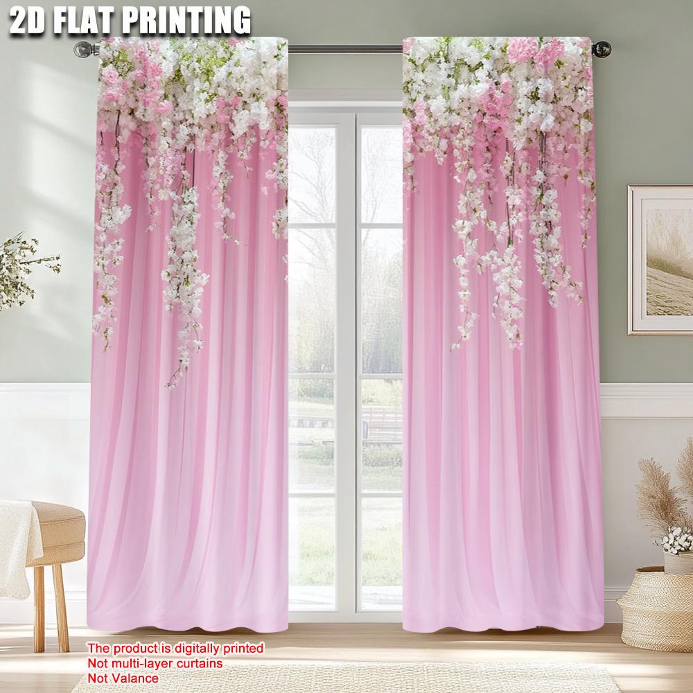 Set Of 2 Creative Curtains Print Lush Pink White Flowers Green Foliage Durable Polyester Without Rod Holiday Ldeal Made