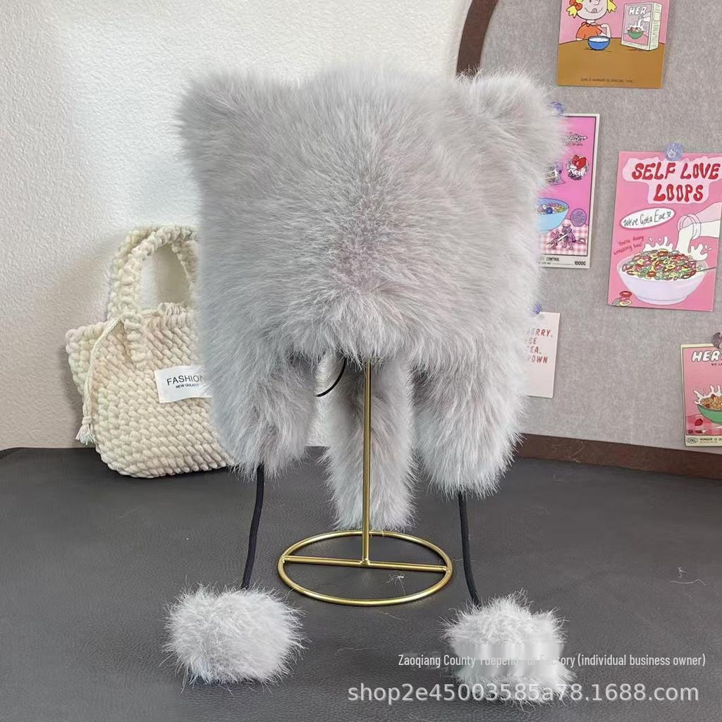 Girls' Winter Furry Lei Feng Hat with Cute Bear Ears and Face-Revealing Design for Northeast China