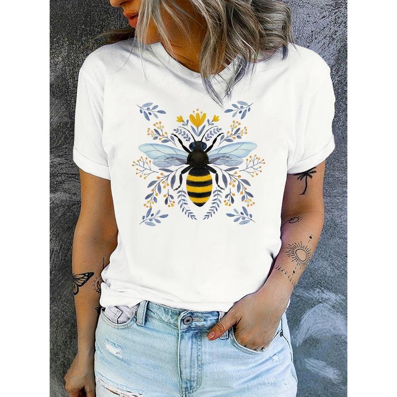 Women's Casual Short Sleeve T-Shirt with Abstract Bee & Floral Print - Breathable Semi-Sheer Round Neck Top, Relaxed Fit H-Silhouett