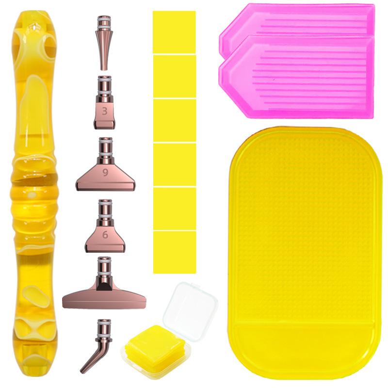Harz Diamantmalerei Stift Set mit 6 austauschbaren Metallspitzen 6 Wachsblöcken 2 Sortierschalen und Bohrmatte für 5D Diamantmalerei Bastelbedarf
