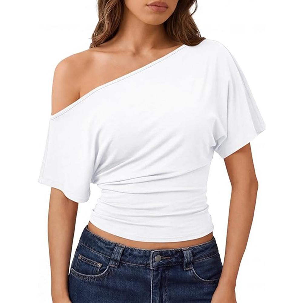 Women s Off-the-Shoulder Crop Top Ruffled Bat Short Sleeve Asymmetrical Y2K Outing T-Shirt Slanted Shoulder L