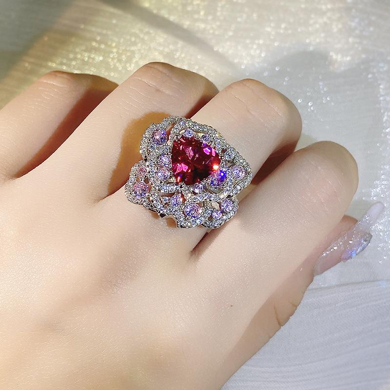 Copper High Carbon Diamond Color Ice Flower Cut Open Flower Ring Ladies Birthday Cocktail Party Jewelry Gift