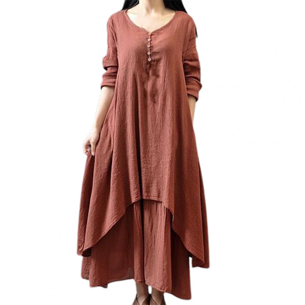 

Spring and Autumn Fashion Fake Piece Long Skirt Art Flax Dress Loose Long sleeved Cotton Linen Dress 5XL