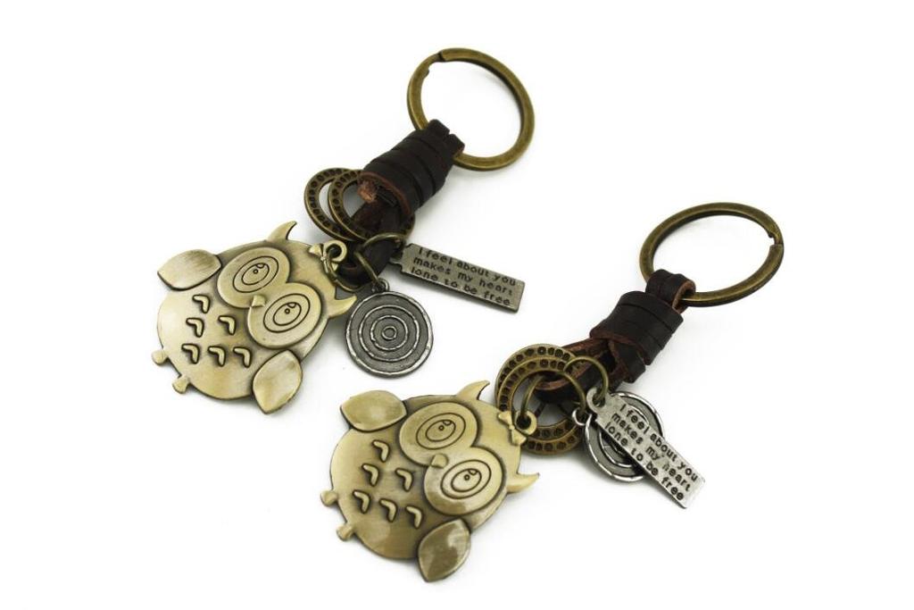 Naissant Eulen-Lederkordel-Design, antikes Paar Schlüsselanhänger (2er Set)