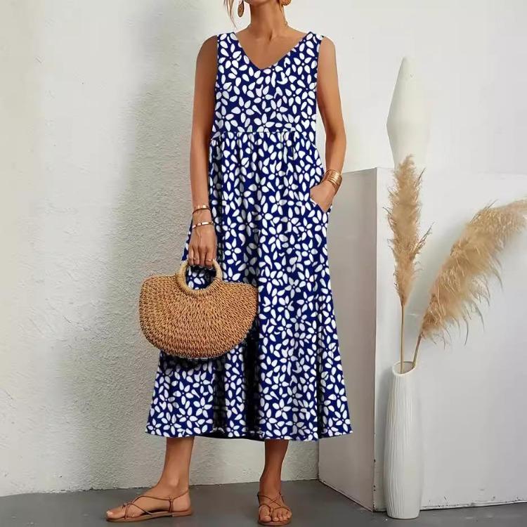 Elegantes Damen Vintage Harajuku Baumwollkleid Sommer Kurzarm O-Ausschnitt Bequemes Lockeres Langes Kleid mit Tasche Einfarbig