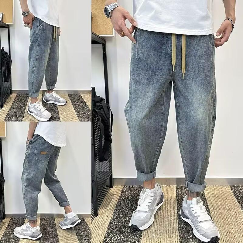 Vintage Men's Loose-fit Harem Jeans Youthful Summer Style Nine Point Hole Ripped Jeans Casual Scene Fashionable Trend