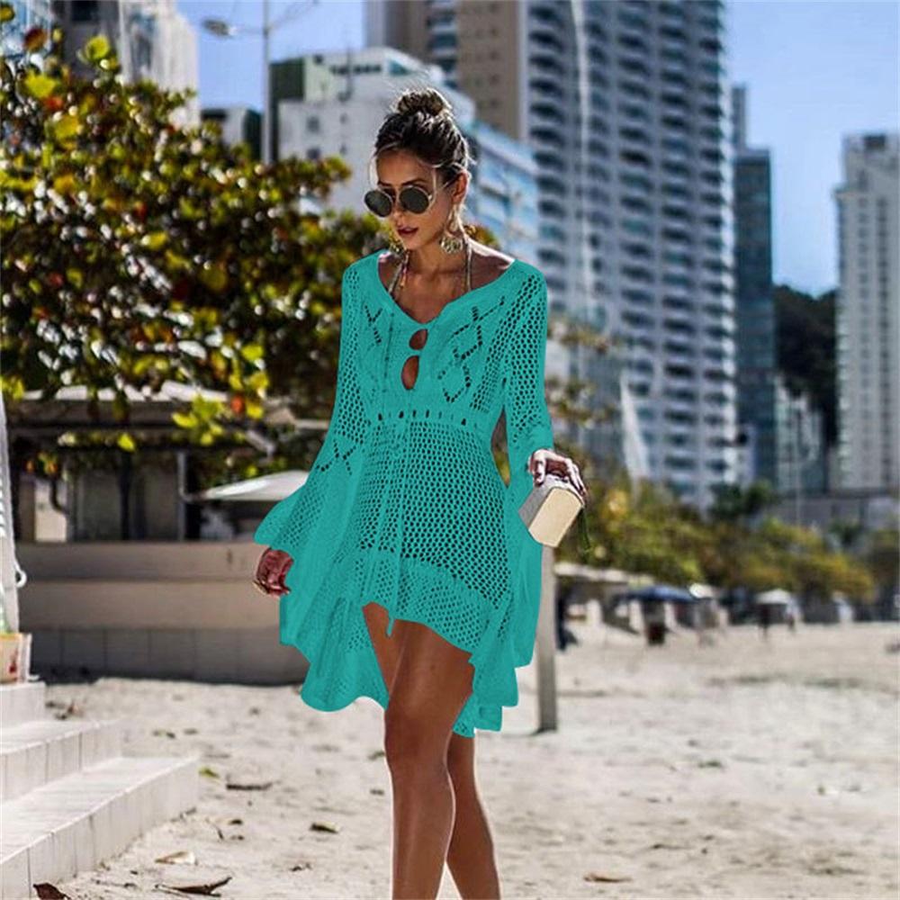 2025 New Beach Cover Up Bikini Crochet Knitted Tassel Tie Beachwear Summer Swimsuit Cover Up Sexy See-through Beach Dress