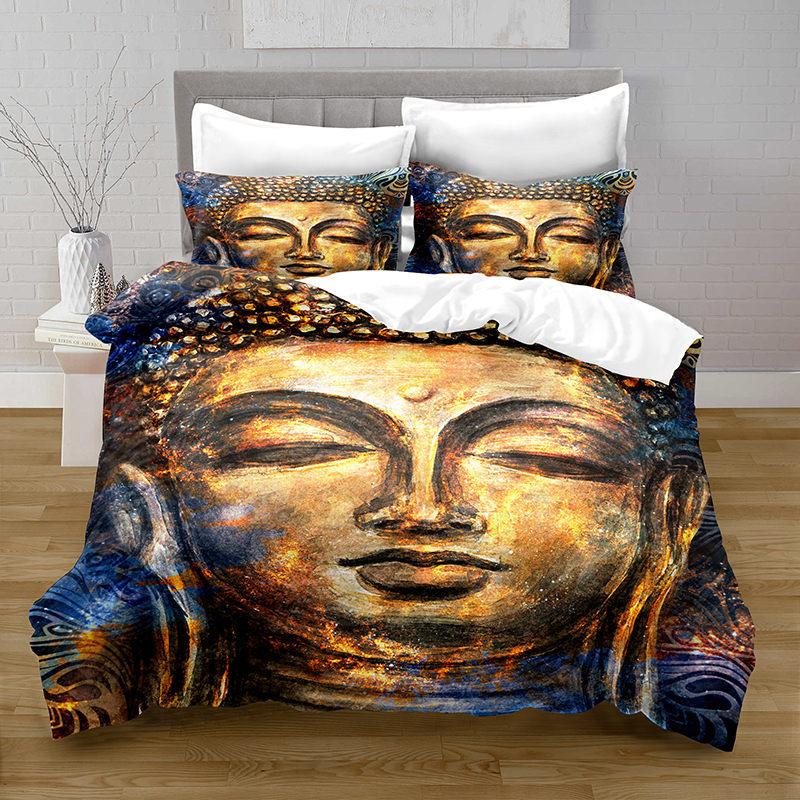 Gold Buddha Duvet Cover Set, Asian Religions Culture Bedding Set, Buddhist Themed Duvet Cover For Buddhist Believer