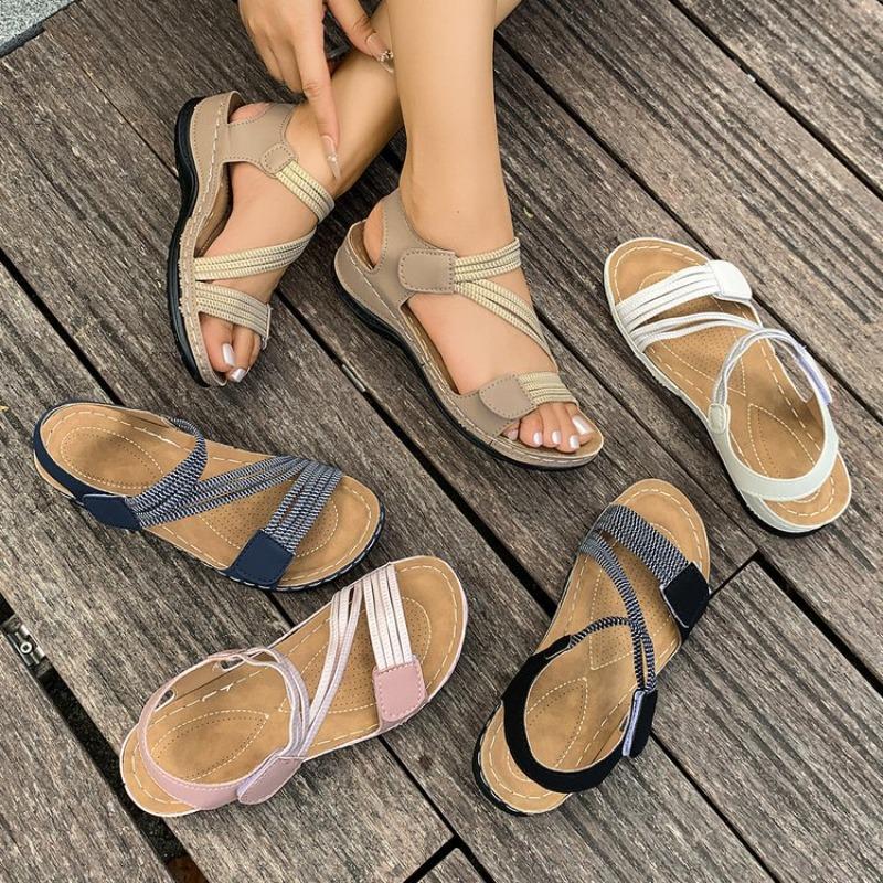 New Women's Sandals, Large-sized, Sewn, Wedge Heel, Casual Velcro Shoes