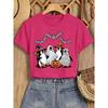 Halloween Elegant Short-sleeved Dress for Women Disguised Penguin, Witch, Mummy, Ghost, Pumpkin, Candy, Bat Cartoon Print Round Neck T Shirt Suitable