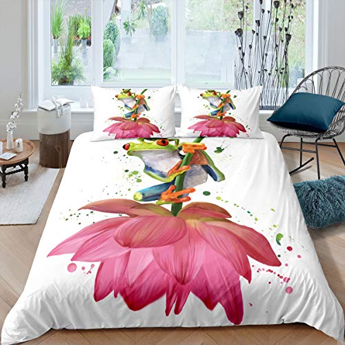 Lotus Duvet Cover Set Pink Flowers And Green Leaves Polyester Comforter Cover King Queen Size For Kids Girls Women Bedding Set