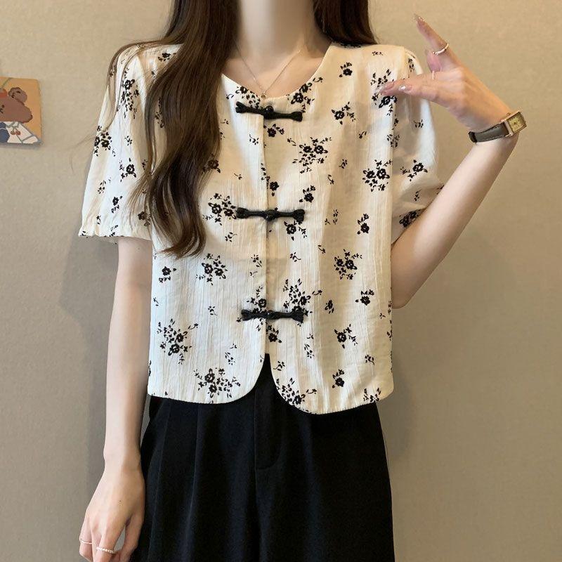 Women New Chinese Style Floral Print Short Sleeve Blouse with Frog Buttons