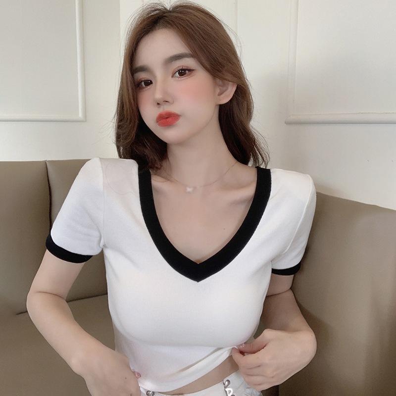 Women's Slim Fit V-Neck Short Sleeves Women's Short Sleeves Comfortable Breathable Cotton Slim Short Sleeves Women's Casual Short Sleeves
