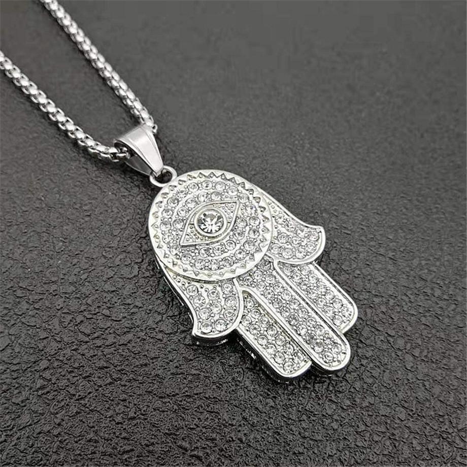 Turkish Evil Eye Hamsa Hand of Fatima Pendant Necklace Gold Color Stainless Steel Iced Out Chain Hip Hop Women/Men Jewelry