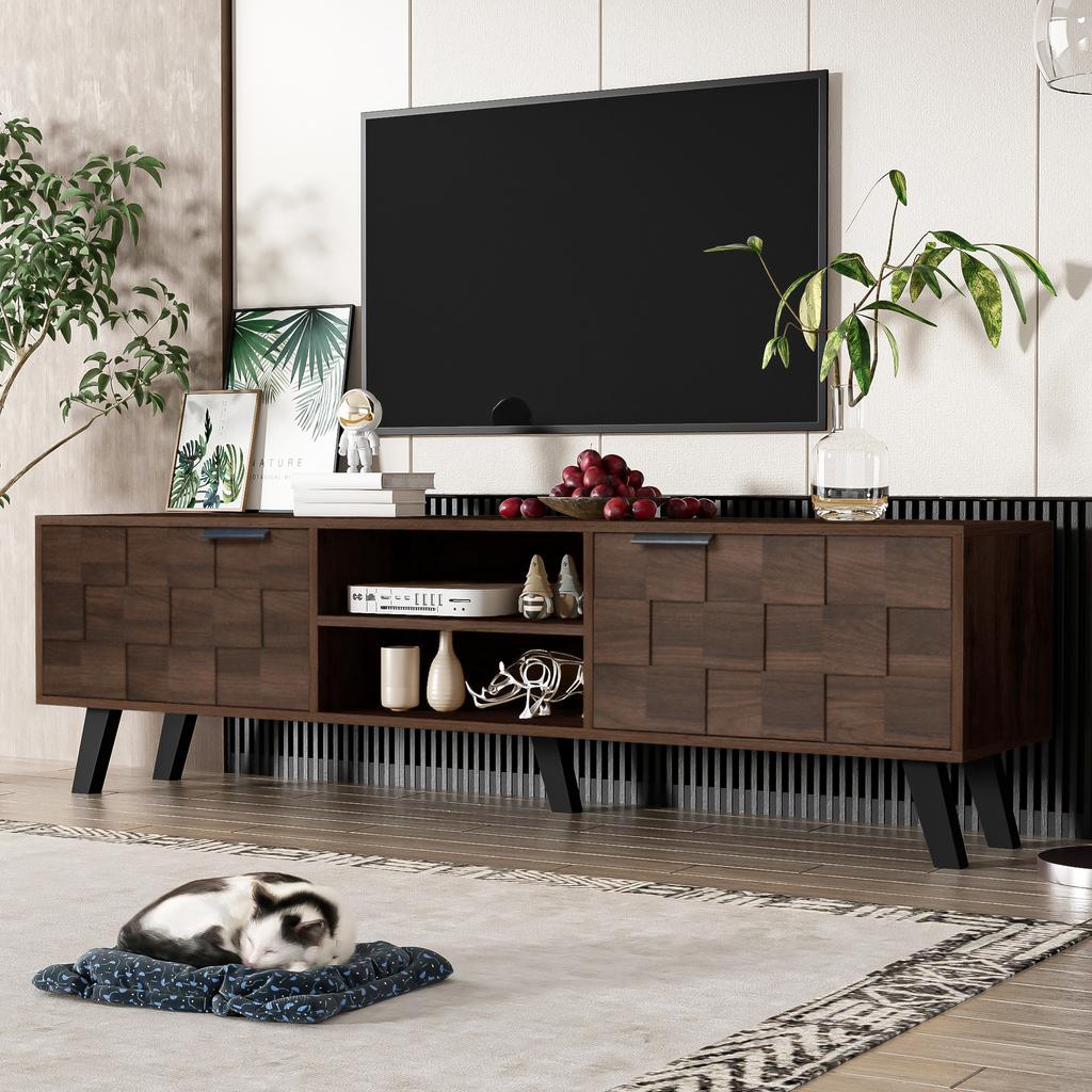 Mueble de TV moderno con 2 puertas y 2 compartimentos abiertos en veta de madera oscura – 160,5 x 35,5 x 45 cm