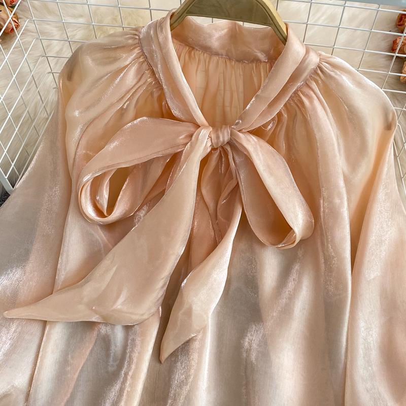 Sweet Women's Blouse Solid Color Butterfly Tie Lace-up Collar Long Sleeve Loose Stright Blusas Shirt Female All-matched Fashion