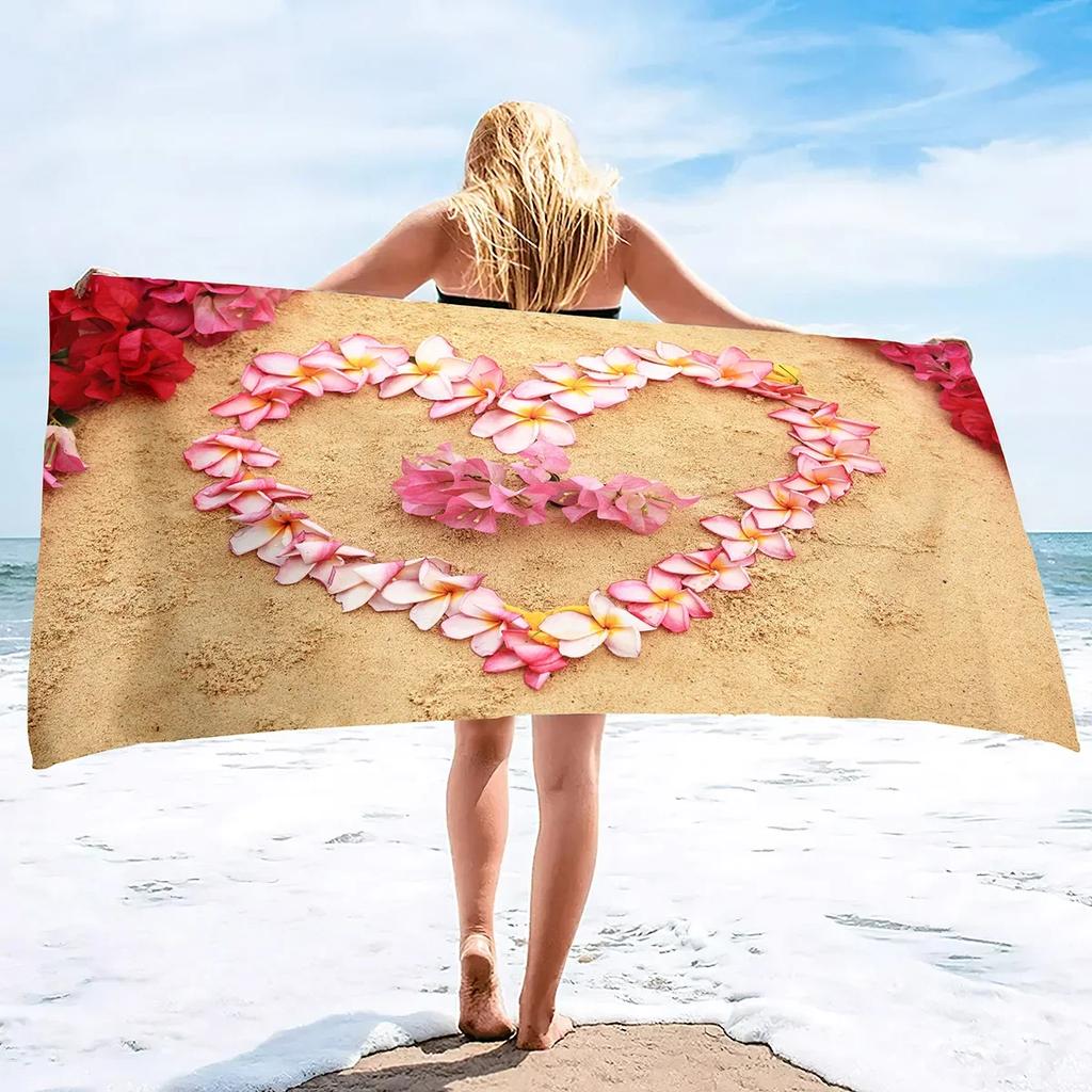 Love Heart Beach Towel, Microfiber Sand Free Quick Dry, Romantic Valentine Print, Soft Absorbent for Couples & Summer Vacation