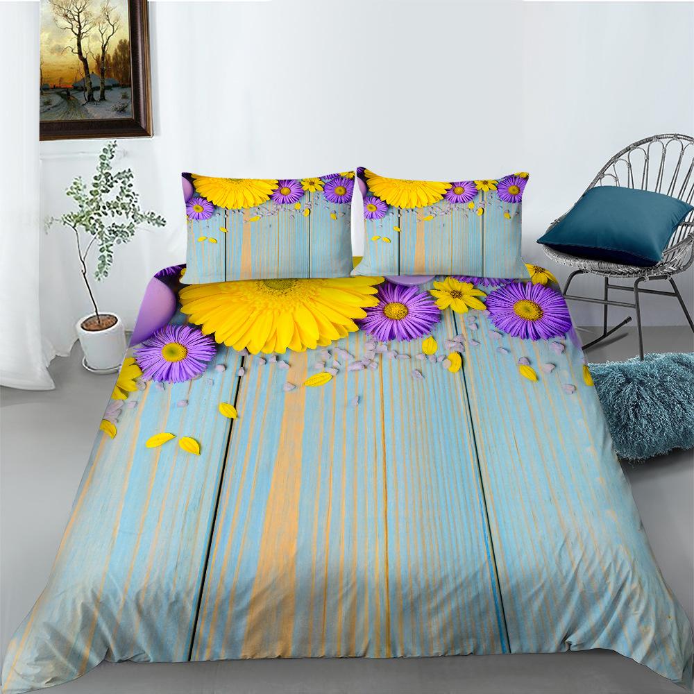 Flower Wood Board Series Polyester Quilt Cover Pillowcase Two Or Three-Piece Set 3D Digital Printing