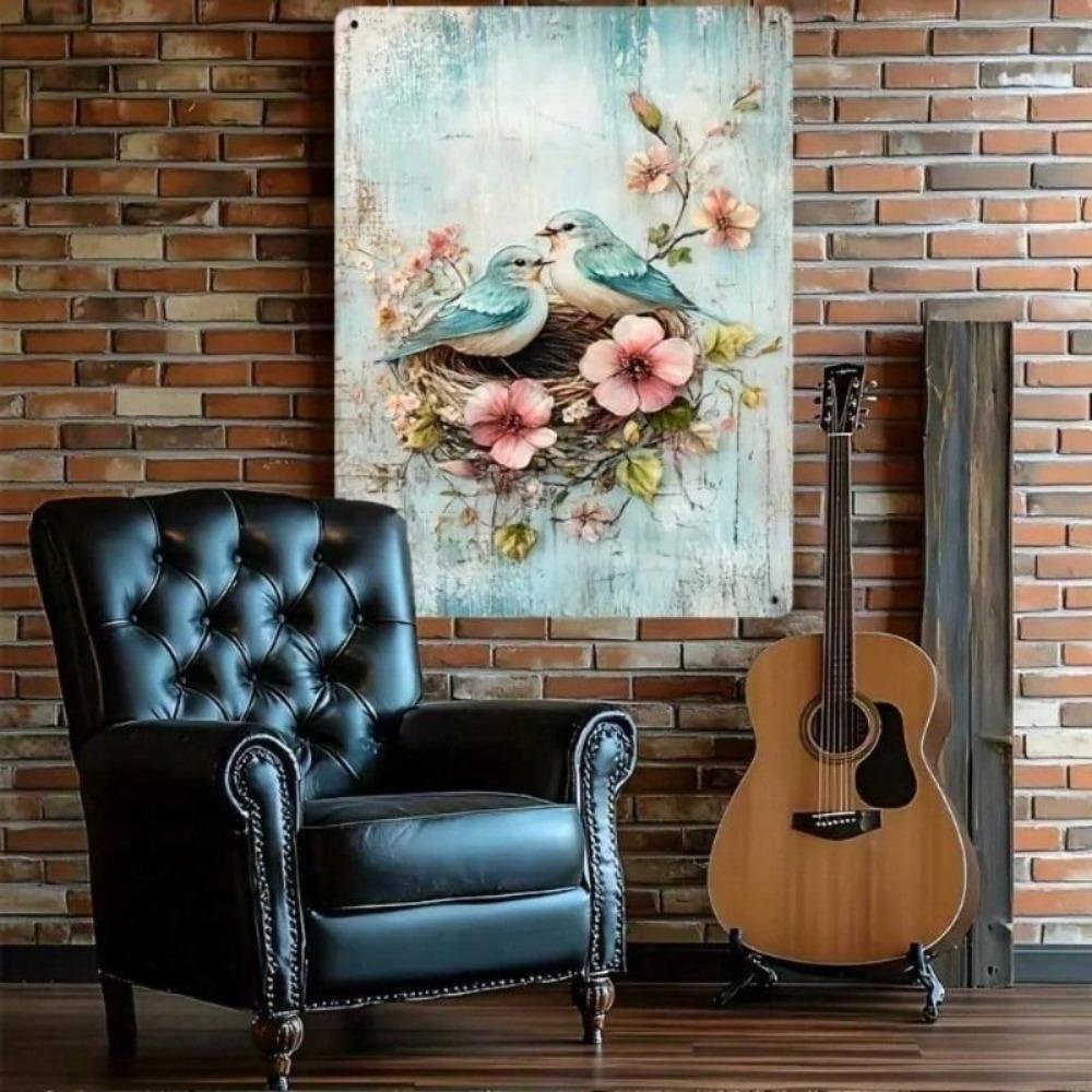 Rustic Bluebird Flower Metal Poster Wall Art Vintage Iron 8x12 Inch