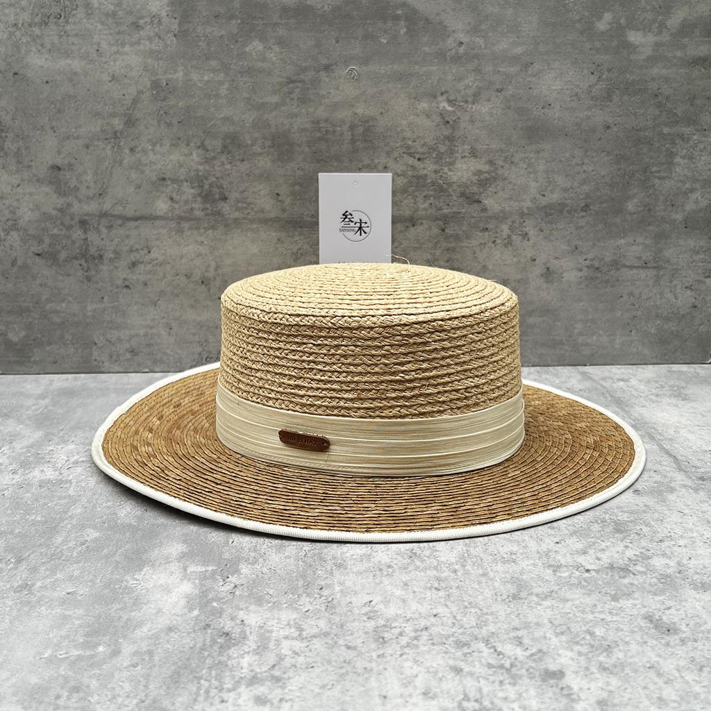 Light Luxury French Palm Leaf Flat Top Straw Hat Women'S Summer Sunshade Top Hat Seaside Vacation Raffia Hat