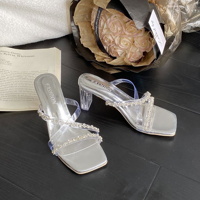 Popular shallow open-toed non-slip high-heeled square-head slippers trendy niche design cool slippers 2025 autumn new models